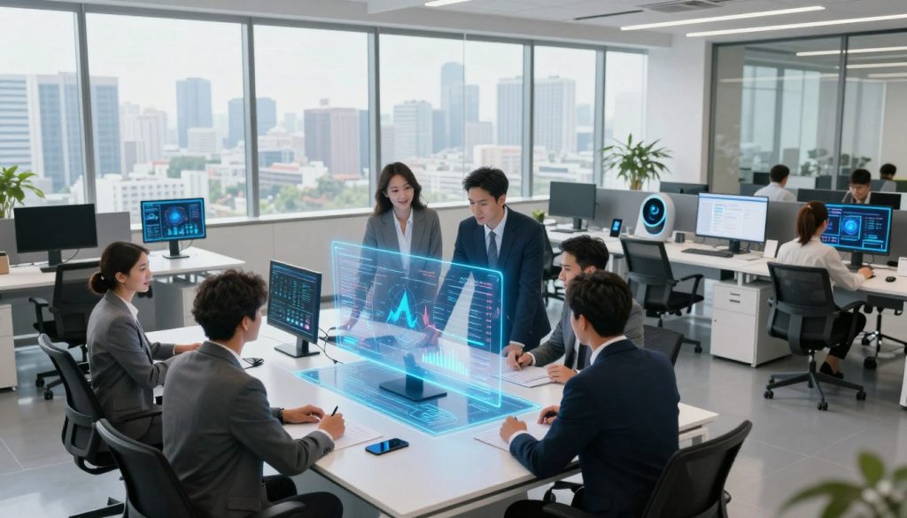 A modern office space showcasing advanced AI technology enhancing work efficiency. In the foreground, a diverse group of professionals in smart business attire, collaborating around a sleek, high-tech table equipped with interactive holographic displays projecting graphs and productivity charts. The middle ground features a large window with a bright, airy view of a city skyline, symbolizing innovation and growth. In the background, various AI-driven tools on ergonomic desks, such as smart assistants and digital task boards, seamlessly integrate into the workspace. Soft, natural lighting floods the room, creating an optimistic and productive atmosphere. Capture the scene from a slightly elevated angle to emphasize the dynamics of teamwork and cutting-edge technology.