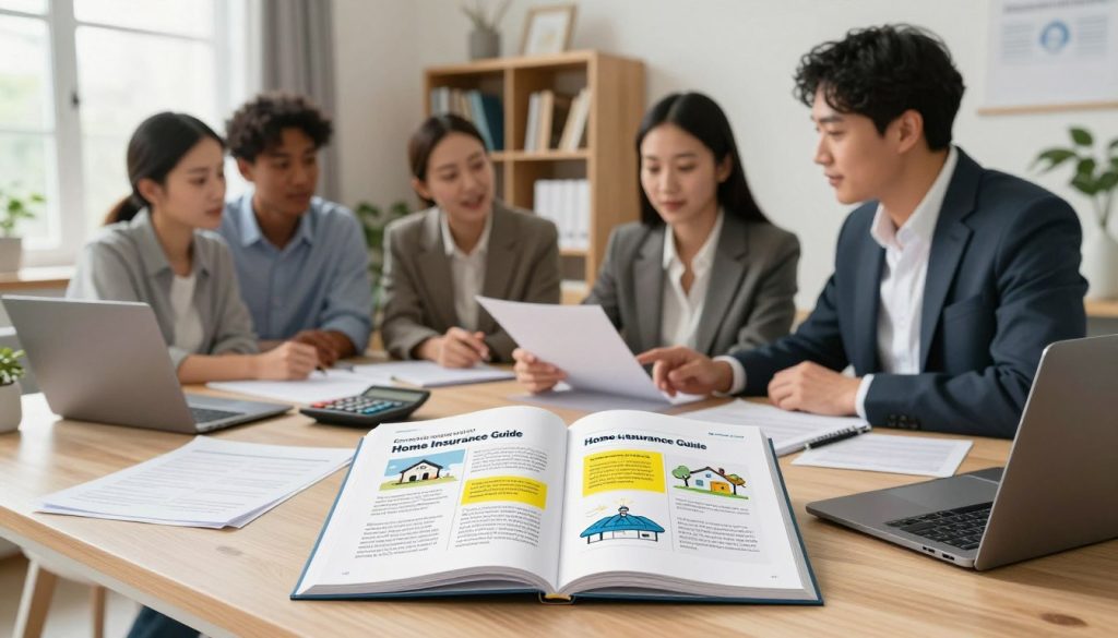 A visually engaging and informative illustration depicting the essential steps for using a Home Insurance Guide. In the foreground, include a stylish desk with a partially open home insurance guide featuring highlighted sections, surrounded by neatly arranged paperwork, a calculator, and a modern laptop. In the middle ground, feature a diverse group of professional individuals in business attire, intently discussing the guide and pointing at key sections, conveying collaboration and engagement. In the background, depict a cozy, well-lit home office setting with large windows letting in natural light, and a bookshelf filled with insurance-related materials. The mood should be proactive and informative, evoking a sense of empowerment for homeowners.