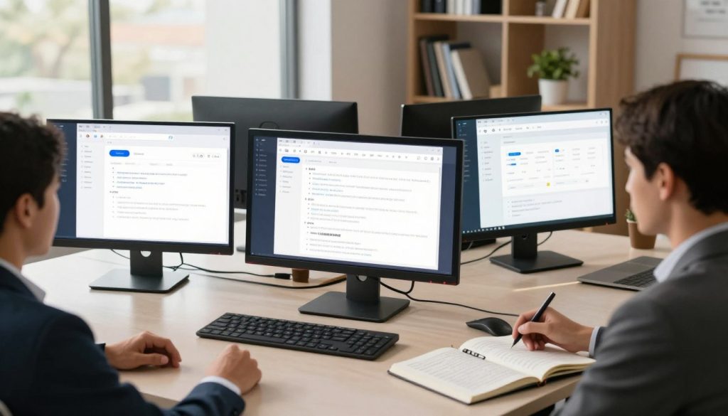 A visually engaging comparison scene of various AI writing tools, featuring sleek digital interfaces on several modern monitors arranged on a contemporary office desk. In the foreground, a professional businessperson, dressed in smart attire, examines the screens with a thoughtful expression, analyzing the features of different tools, alongside an open notebook filled with notes. The middle ground showcases a stylish bookshelf filled with tech literature and a potted plant, adding a touch of nature. In the background, a large window allows natural light to pour in, creating a warm, inviting atmosphere. The angle is slightly above the desk, providing a dynamic perspective while emphasizing the advanced technology and professional environment. The overall mood is focused and innovative, highlighting the exploration of AI writing solutions.